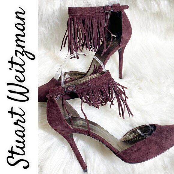STUART WEITZMAN Fringelica Currant Suede D'Orsay Ankle Fringe Stilettos Size 7.5 - Picture 5 of 12
